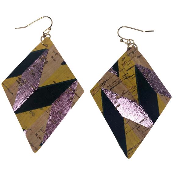 Black, Pink, and Yellow Tribal Printed Cork Earrings - Picture 3 of 3